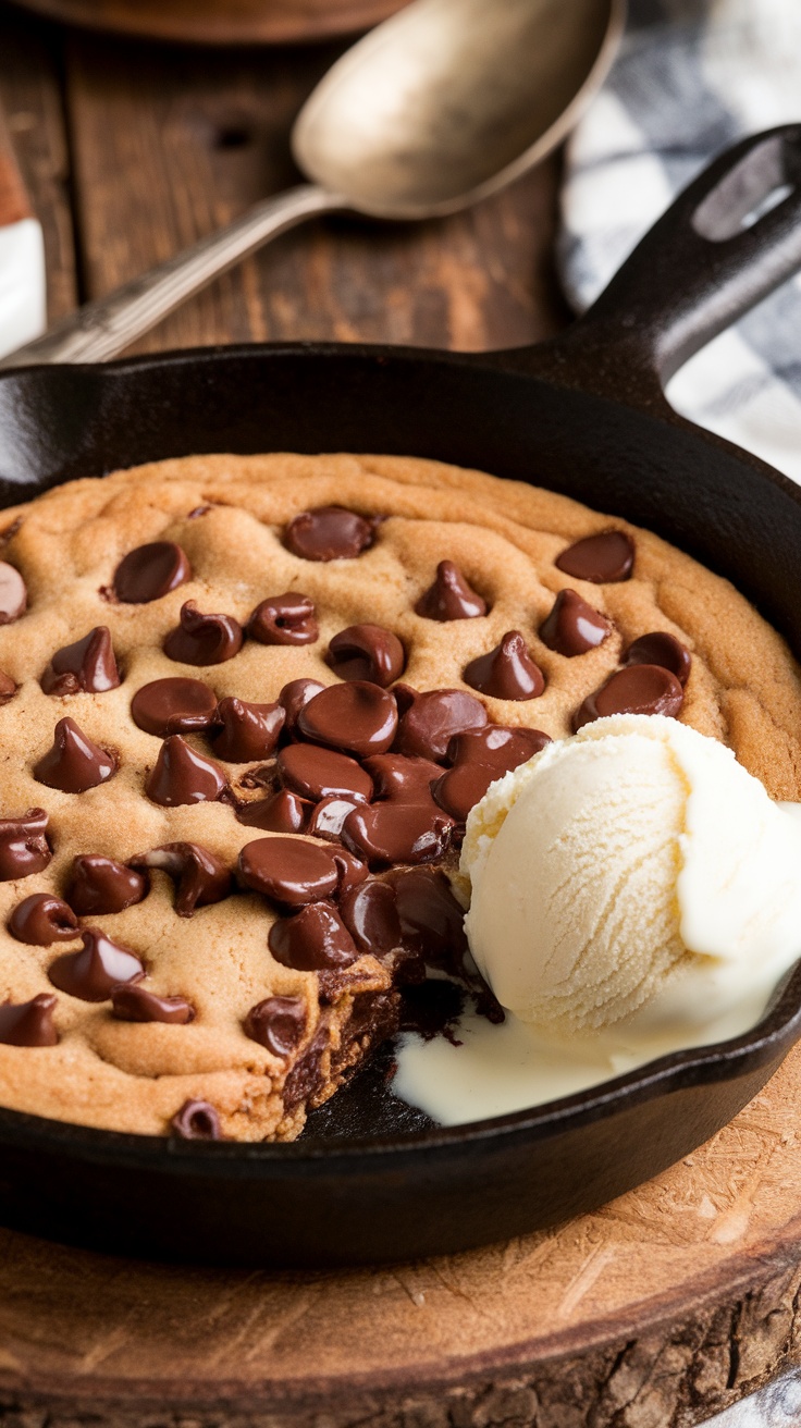 A freshly baked chocolate chip skillet cookie with melted chocolate chips in a cast-iron skillet, served with a scoop of ice cream.